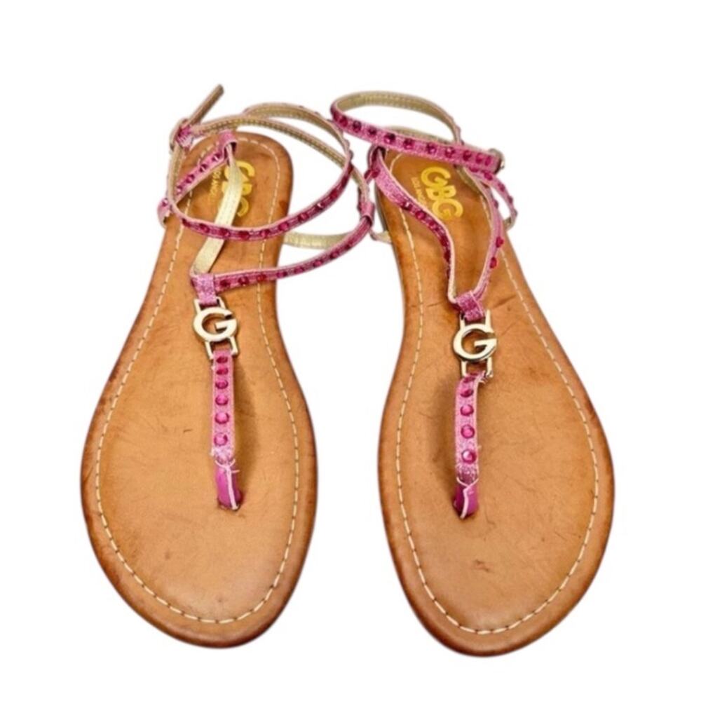 GBG Los Angeles‎ T Strap Sandals Size 7 Pink Gold Logo Ankle Strap